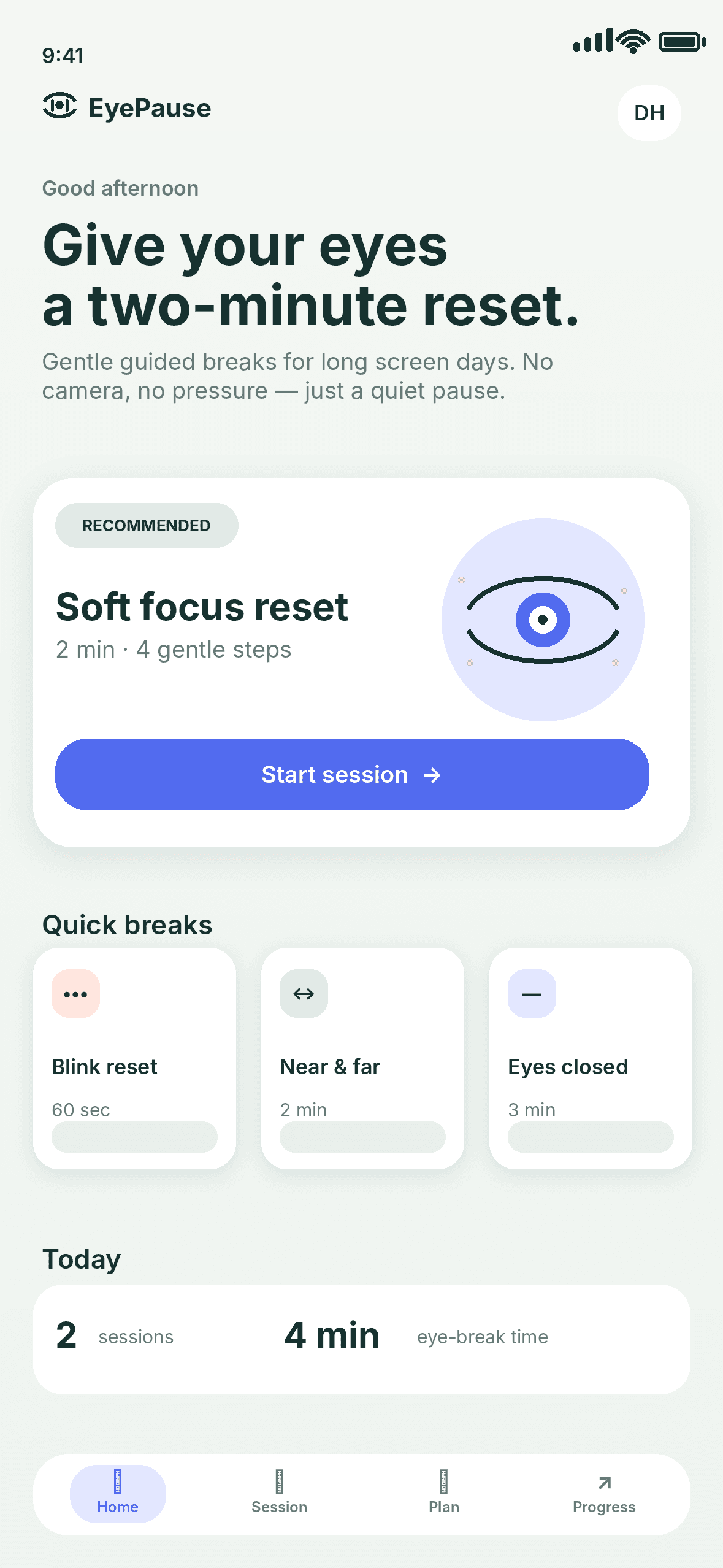 Concept EyePause home screen with a recommended two-minute reset and quick break routines