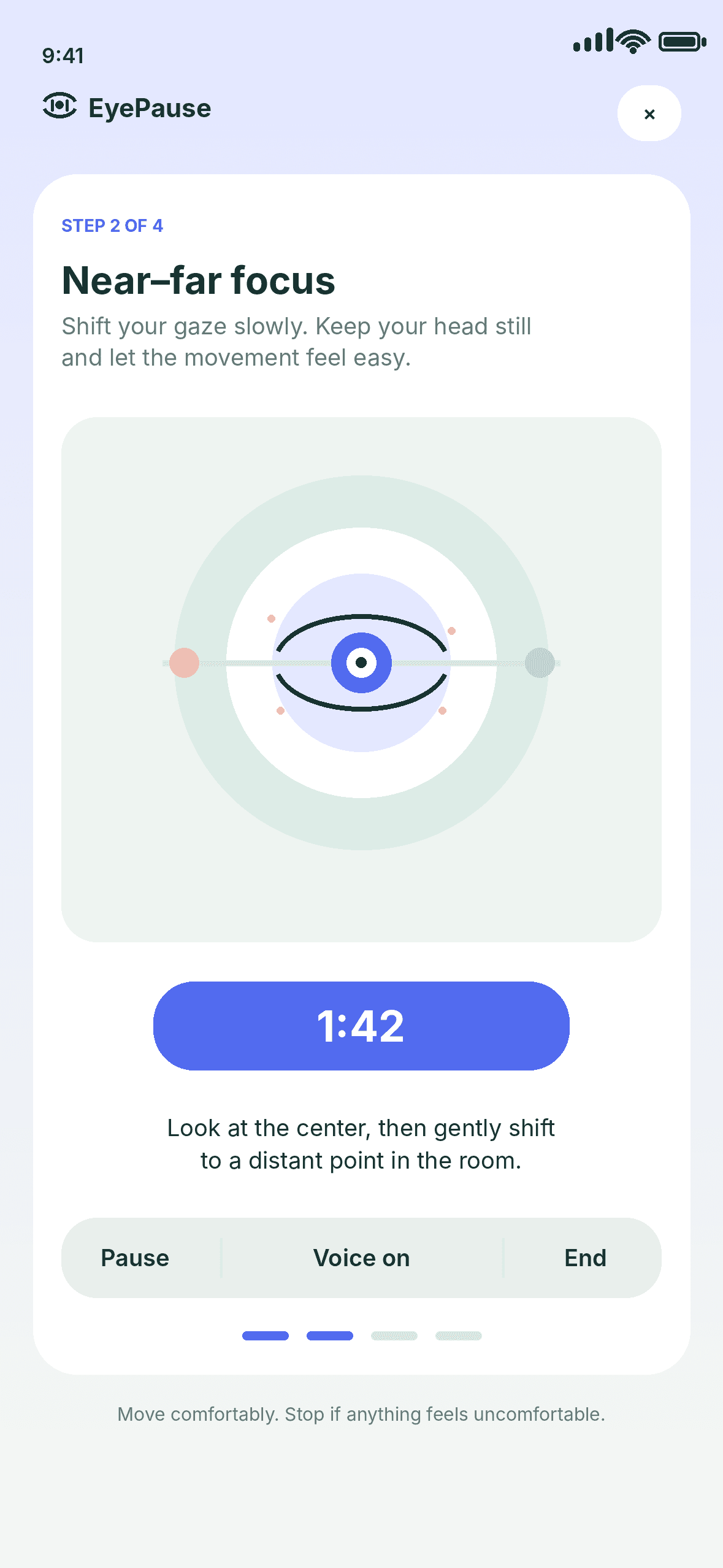 Concept EyePause active session screen showing a near–far focus routine with pause and voice controls